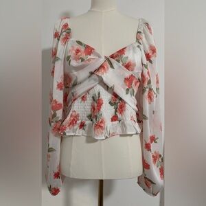 Dressy Feminine Blouse Size Large Floral Pink and Green Soft Fairy Flowy SKU 20